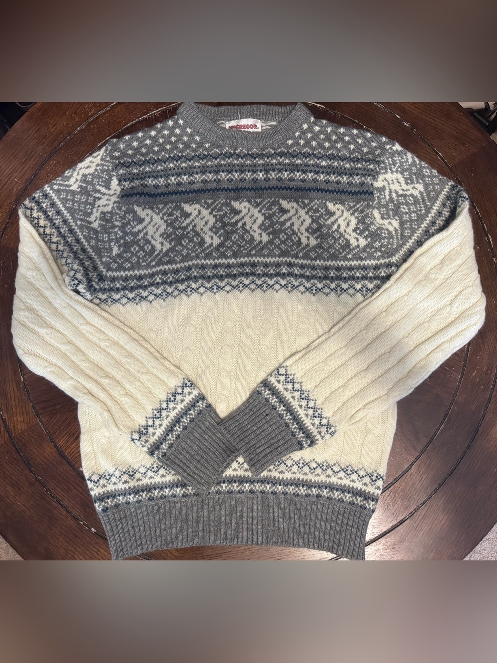 Vintage Men’s McGregor Gray and Cream Fair Isle Cable-Knit Crewneck Sweater sz M